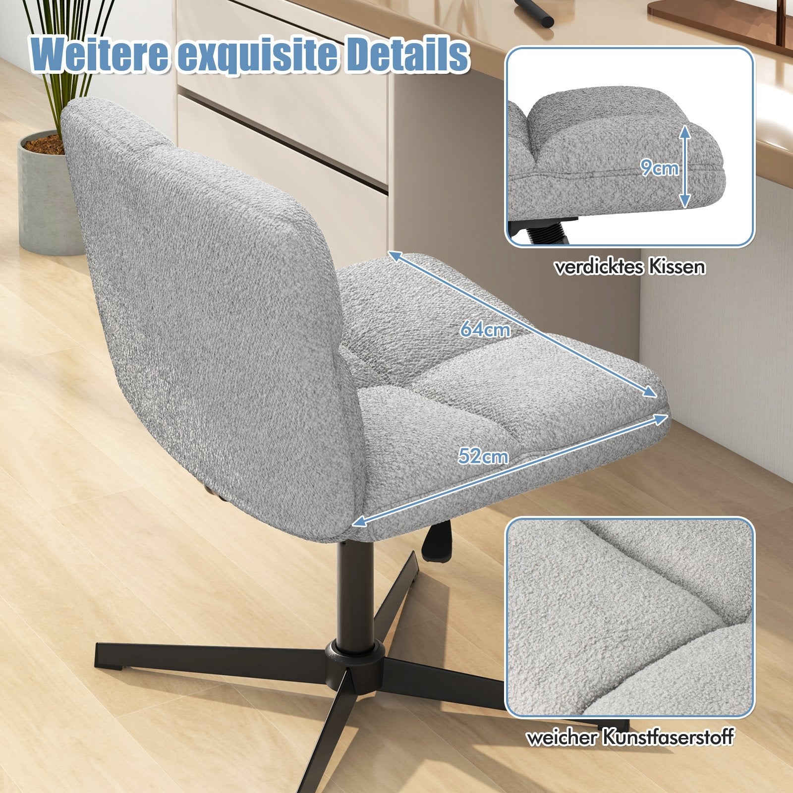 Office chair without armrests, height-adjustable cross-legged chair with rocking function, armless desk chair, grey
