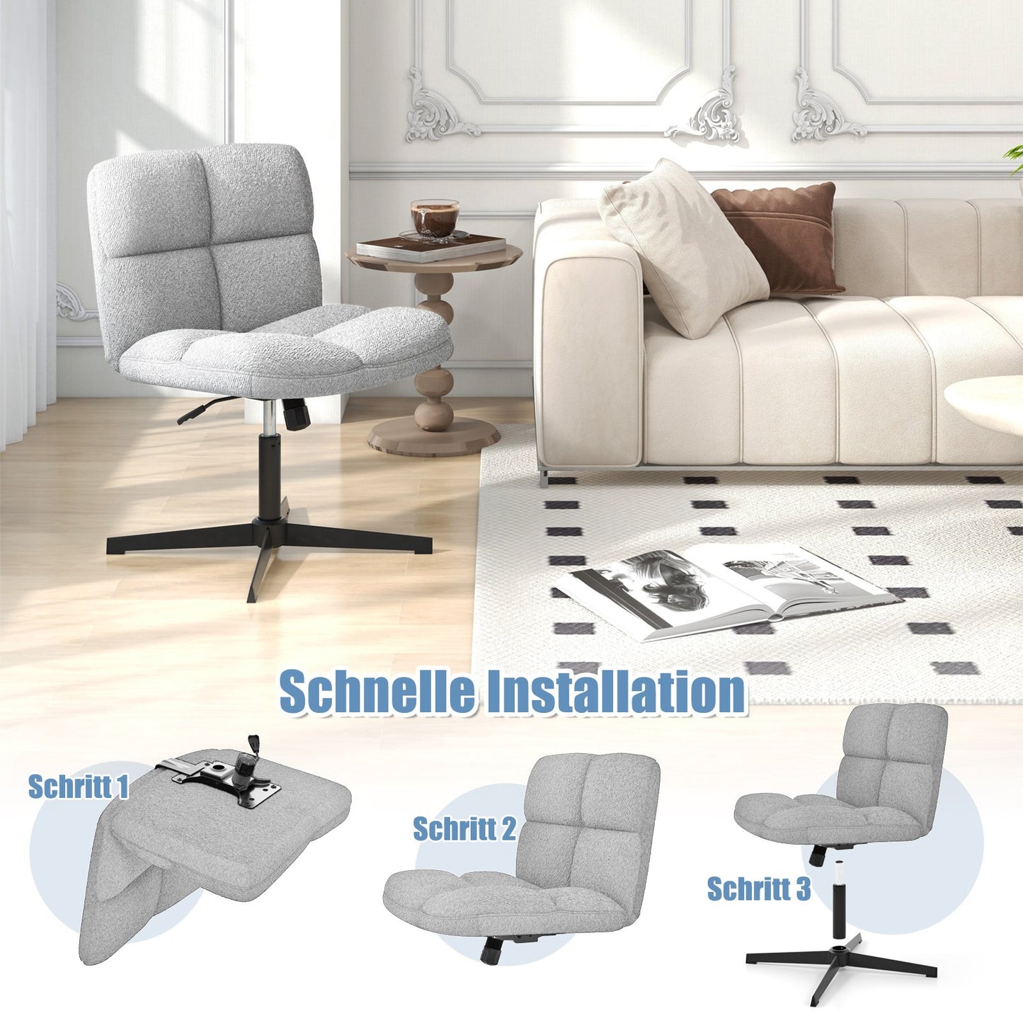 Office chair without armrests, height-adjustable cross-legged chair with rocking function, armless desk chair, grey