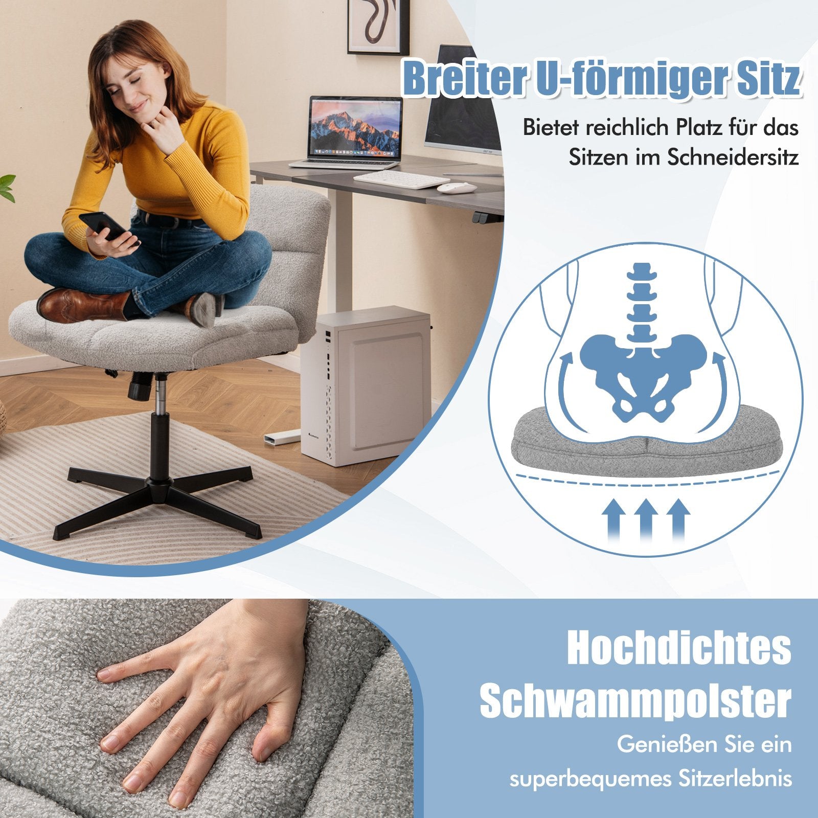 Office chair without armrests, height-adjustable cross-legged chair with rocking function, armless desk chair, grey