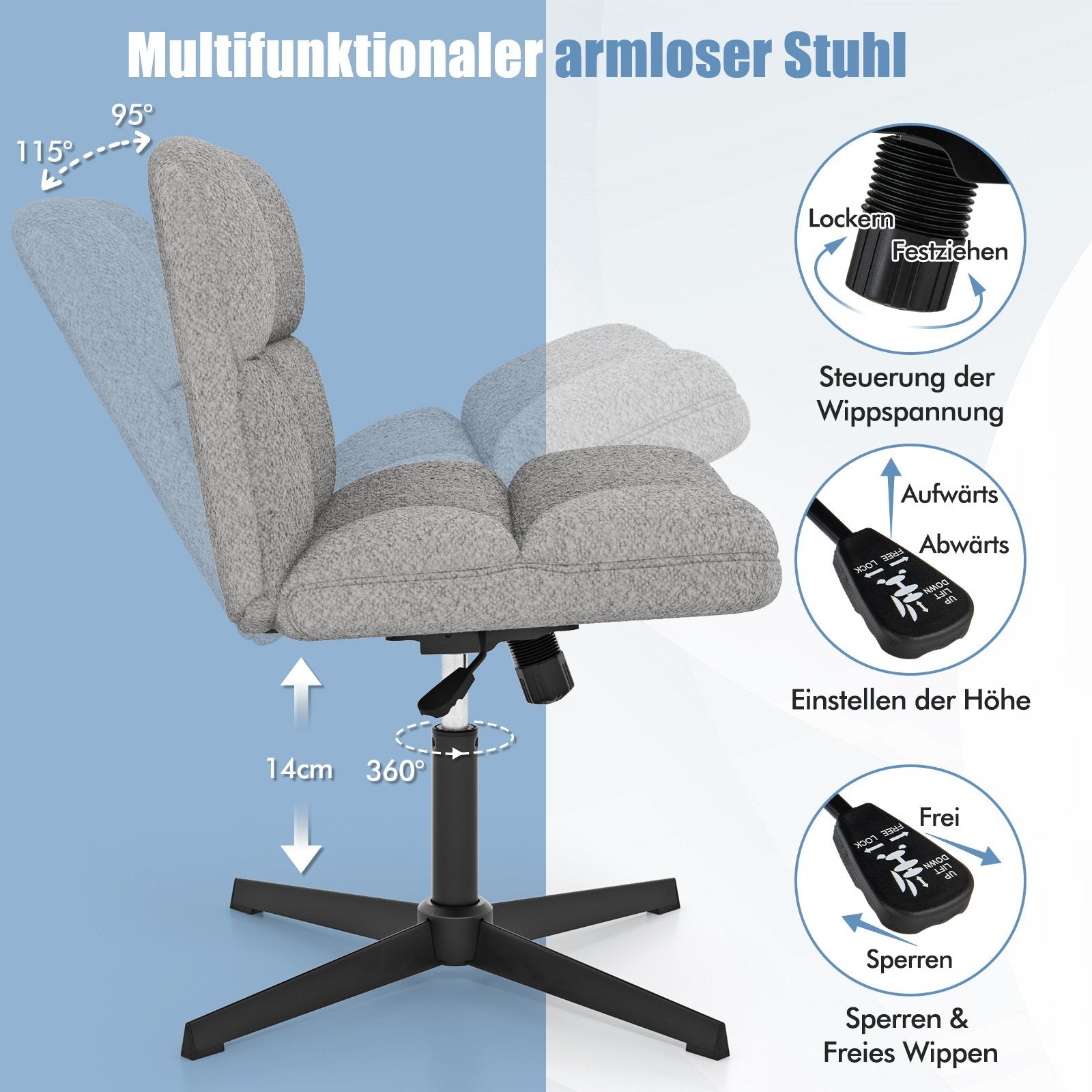 Office chair without armrests, height-adjustable cross-legged chair with rocking function, armless desk chair, grey