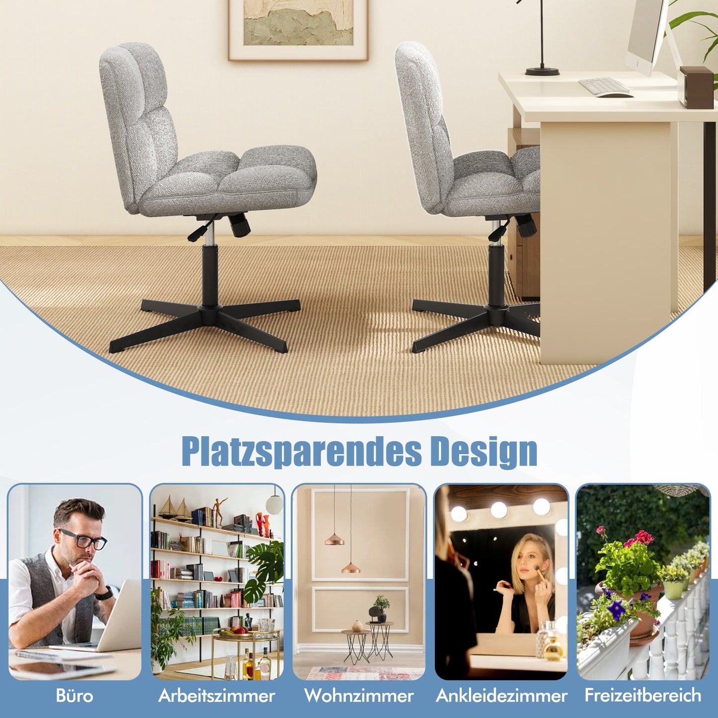 Office chair without armrests, height-adjustable cross-legged chair with rocking function, armless desk chair, grey
