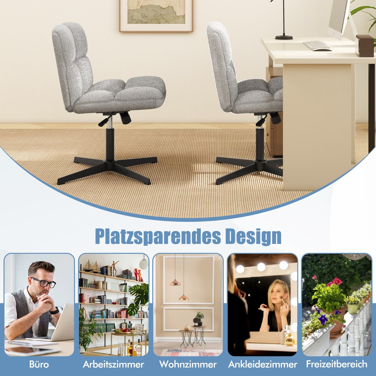 Office chair without armrests, height-adjustable cross-legged chair with rocking function, armless desk chair, grey