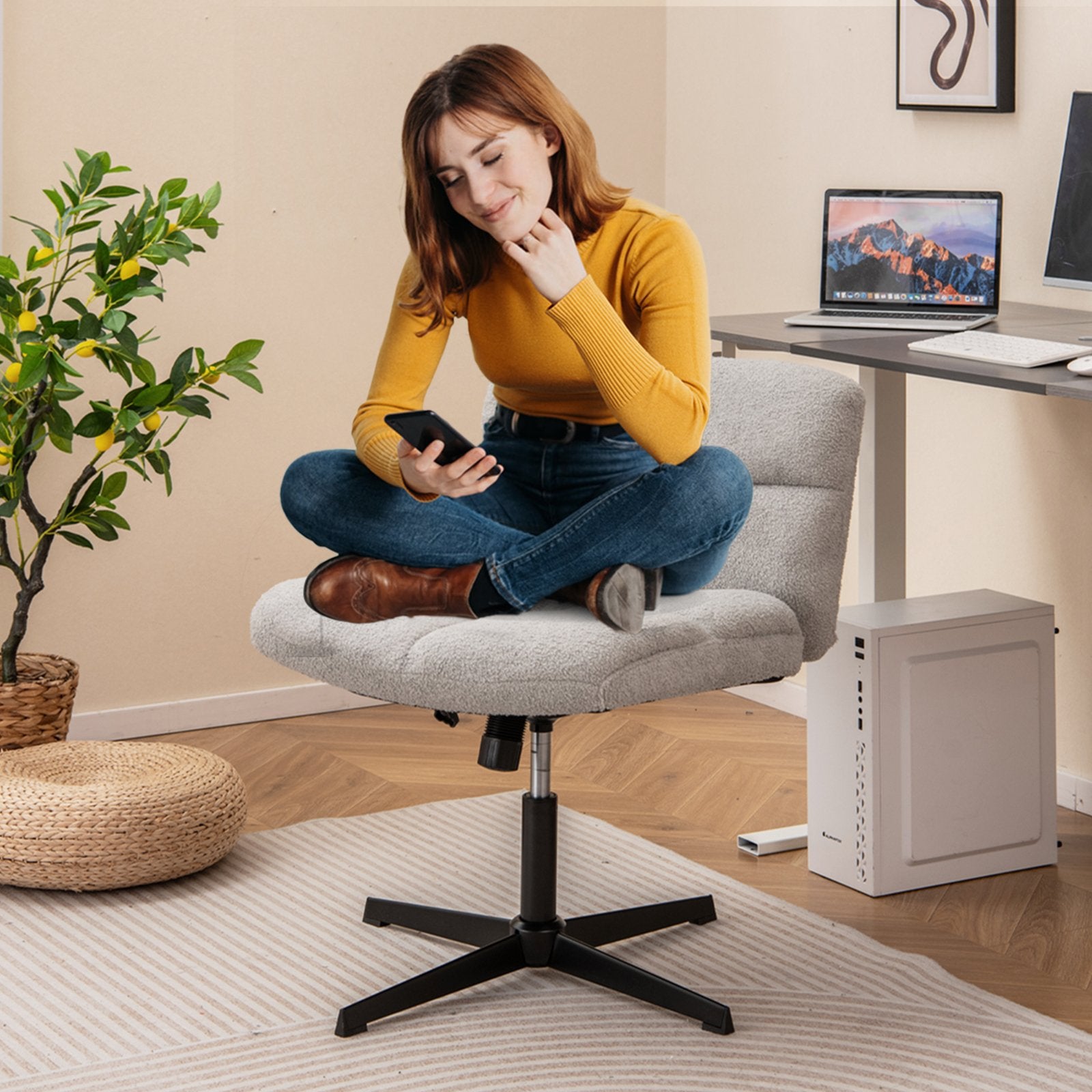 Office chair without armrests, height-adjustable cross-legged chair with rocking function, armless desk chair, grey