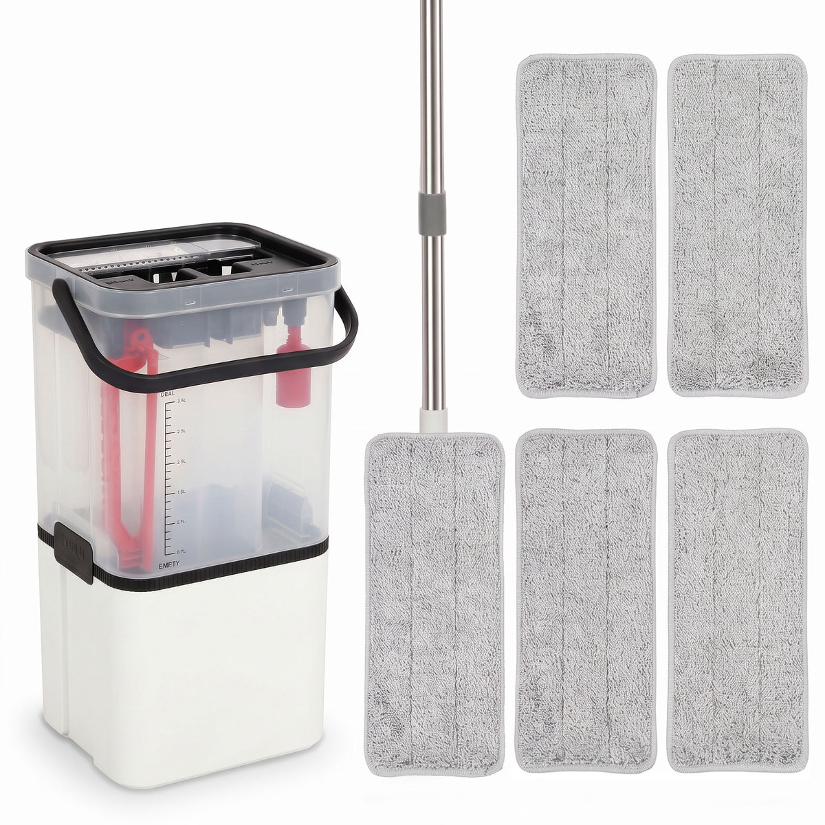 HOMCOM Mop and Bucket Set, Compact Flat Mop and Bucket with Wringer, 2-Port Design, 5 Reusable Microfiber Pads, White