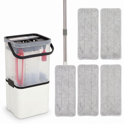 HOMCOM Mop and Bucket Set, Compact Flat Mop and Bucket with Wringer, 2-Port Design, 5 Reusable Microfiber Pads, White