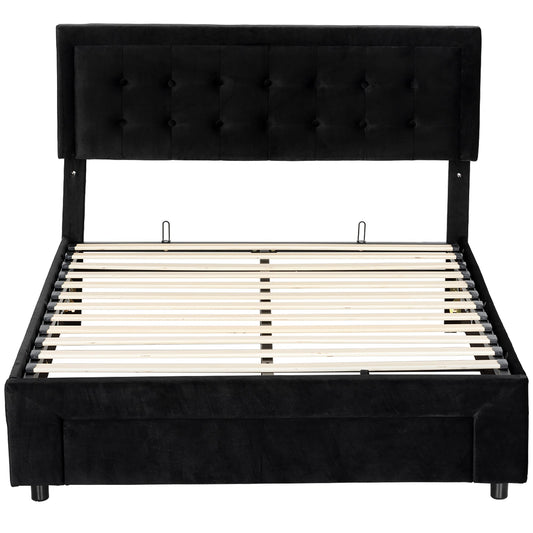 HOMCOM King Ottoman Bed Frame, Upholstered Bed Frame with Storage Drawer and Adjustable Headboard, 5ft, Black
