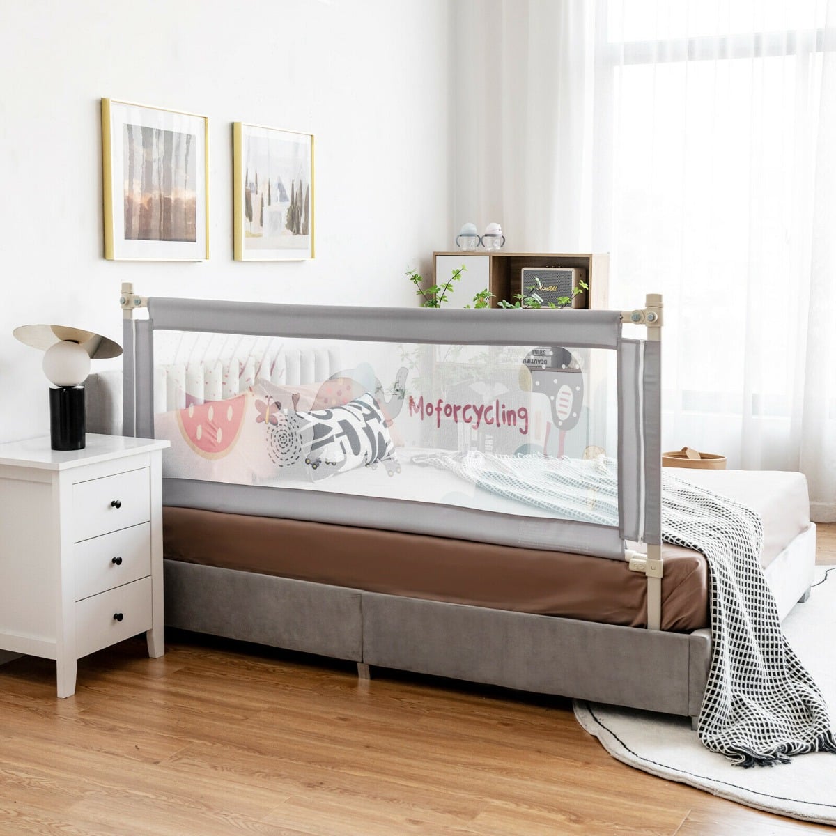 175CM Baby Bed Rail Guard with Double Safety Lock and Adjustable Height-Grey