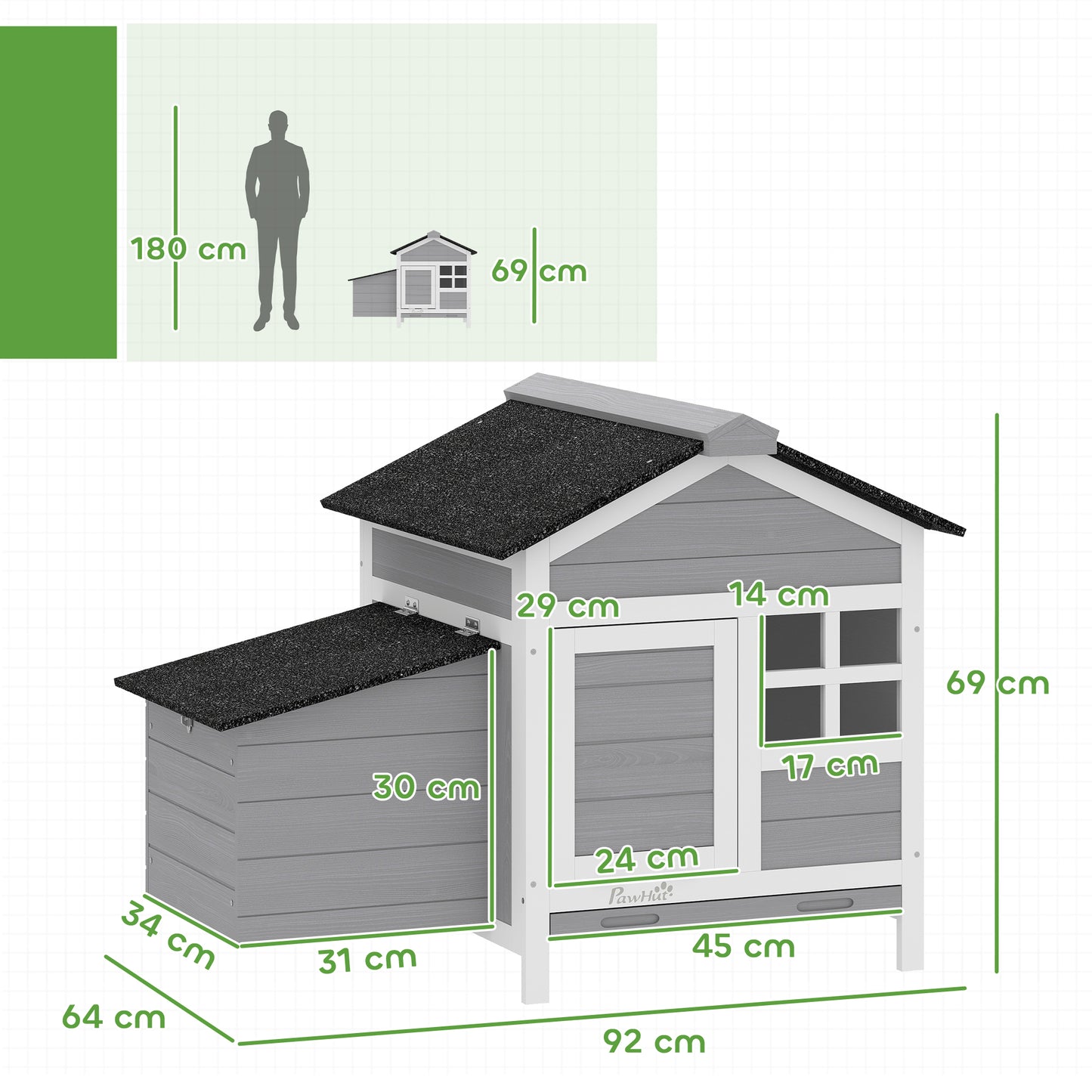 PawHut Wooden Chicken Coop with Pull-Out Tray Nesting Box for 1-2 Chickens