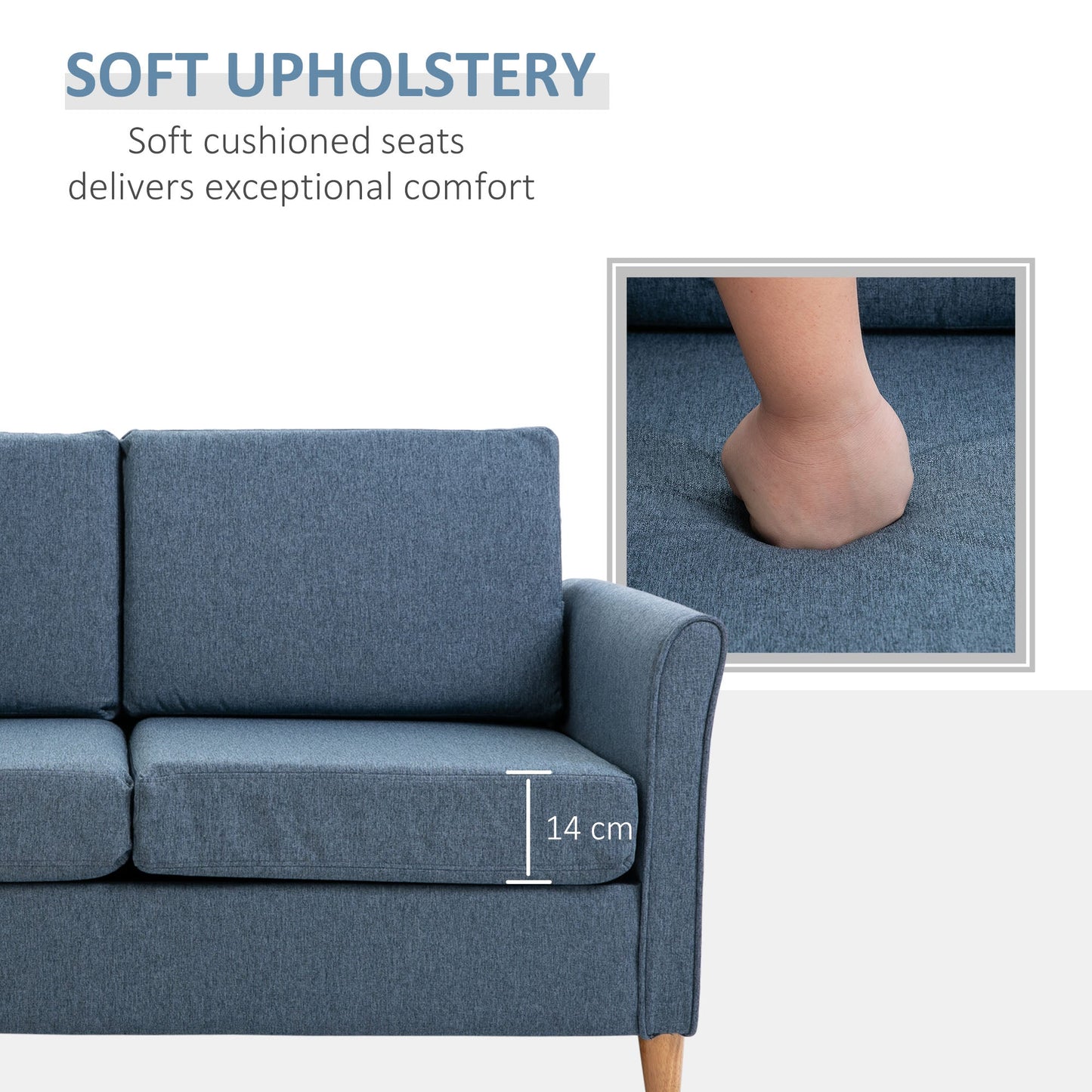 Linen Upholstery 2-Seat Sofa Floor Sofa Living Room Furniture with Armrest Wooden Legs Blue