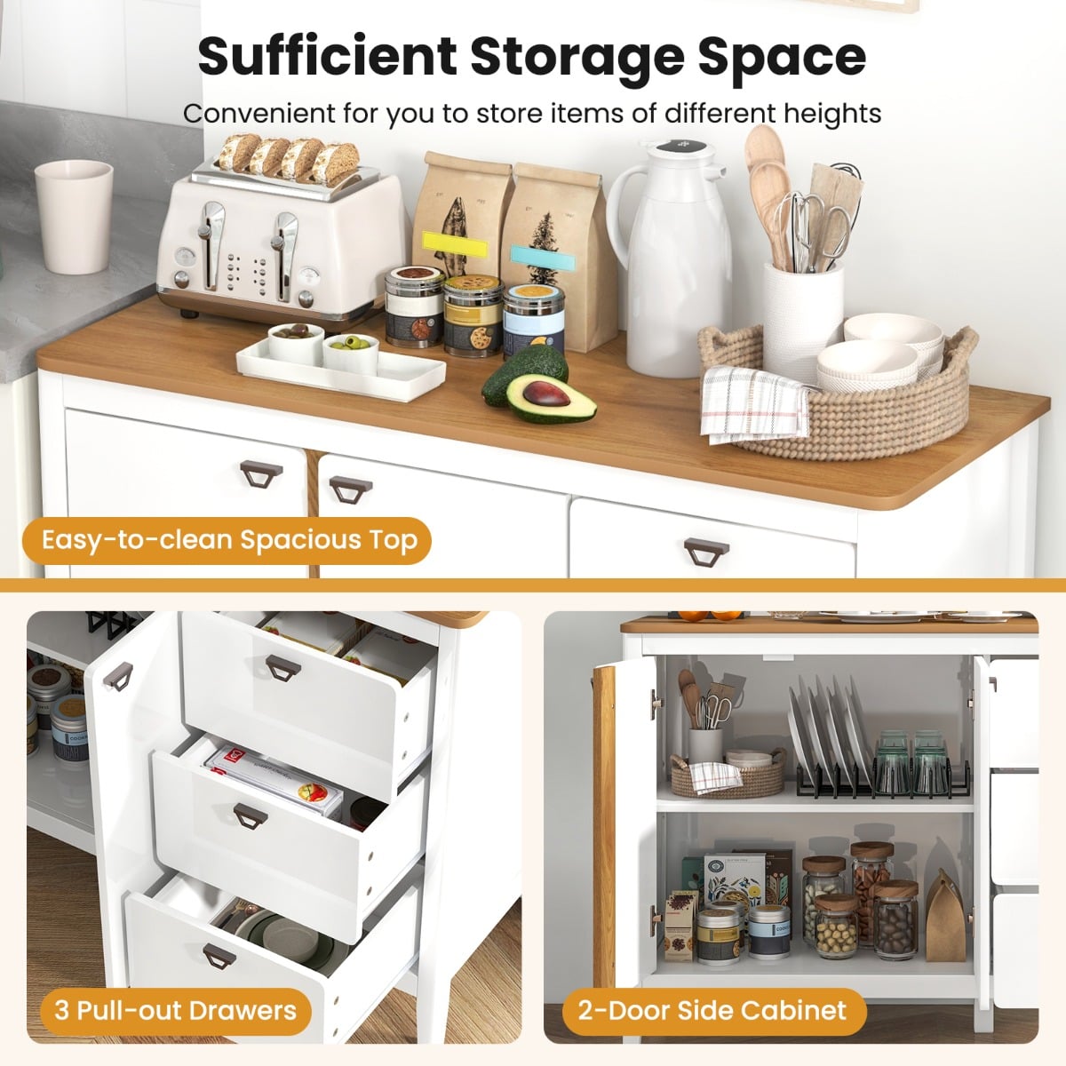 Buffet Cabinet with 2 Door and 3 Pull-out Drawers for Living Room-White