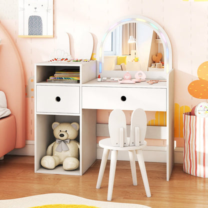Bunny Kids Vanity Table and Chair Set with Lighted Mirror-White
