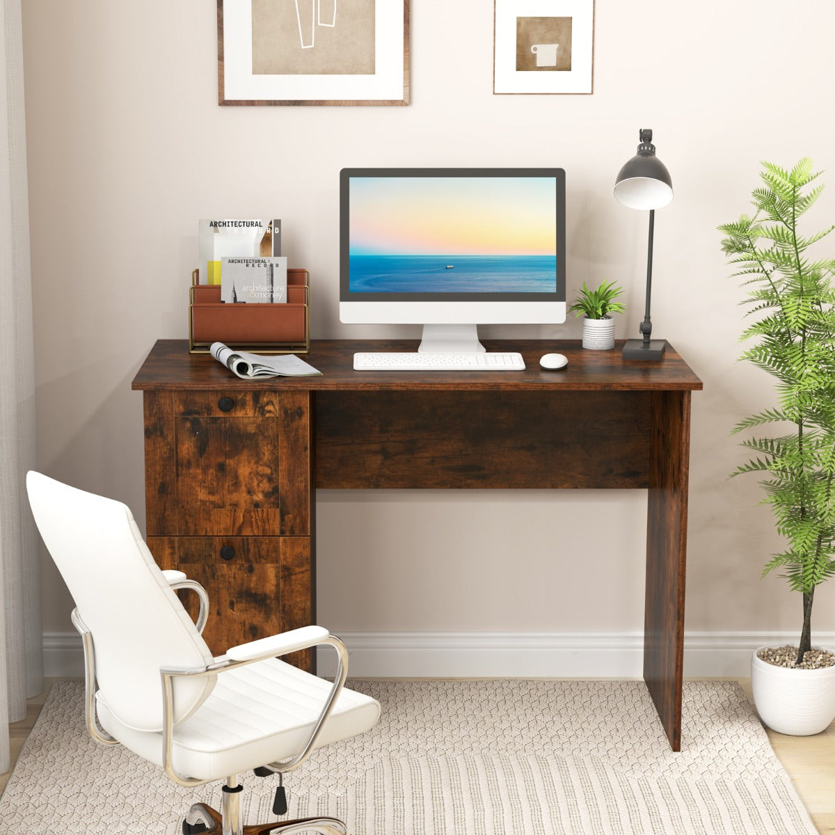 Home Office Writing Desk with 2 Drawers-Rustic Brown