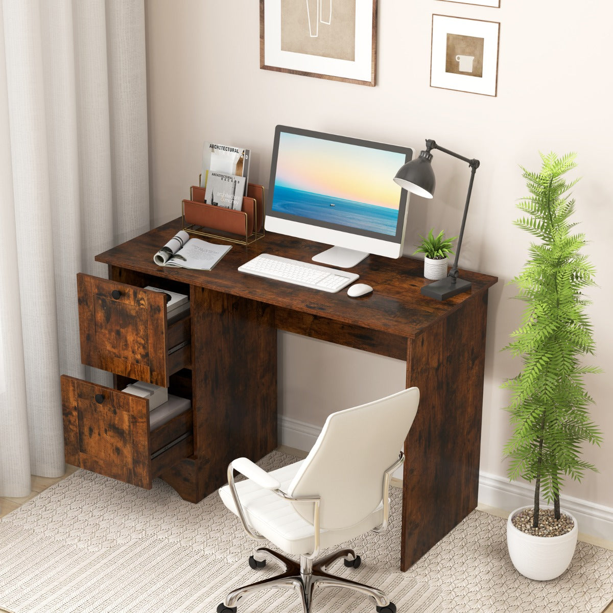 Home Office Writing Desk with 2 Drawers-Rustic Brown