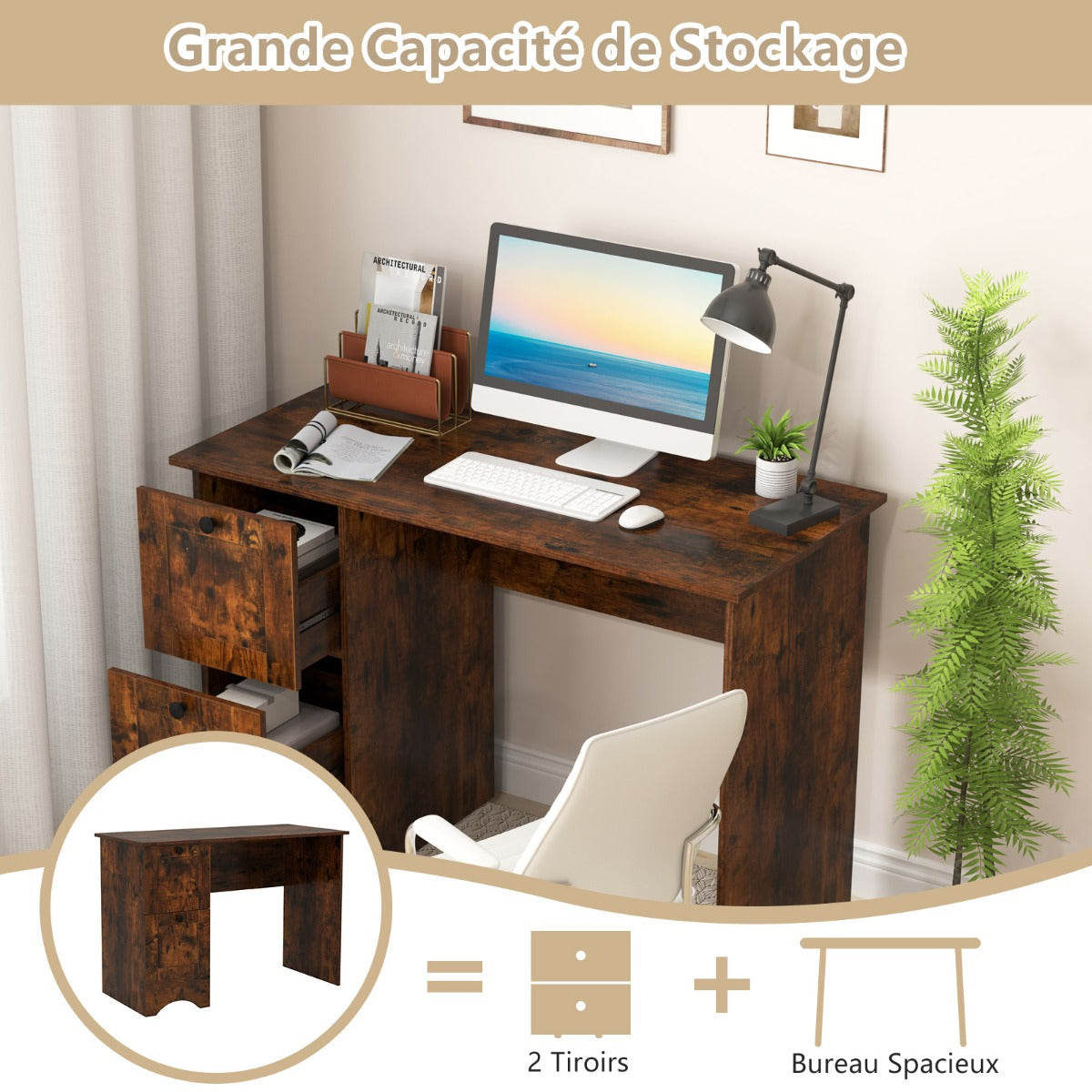 Home Office Writing Desk with 2 Drawers-Rustic Brown