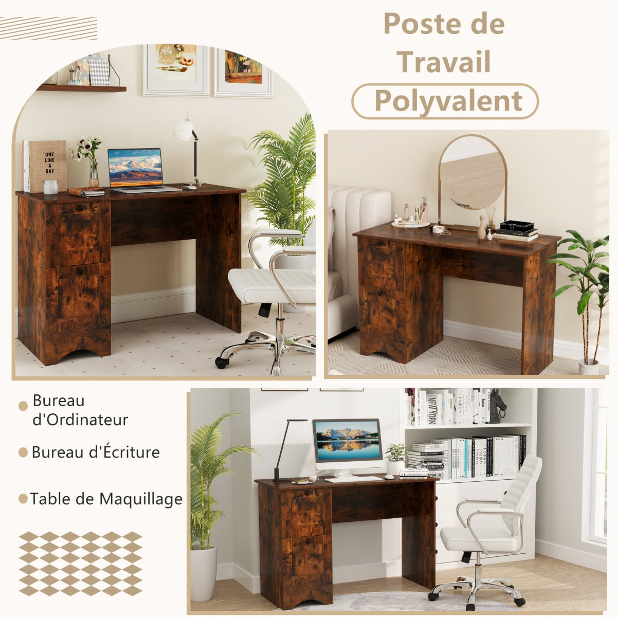Home Office Writing Desk with 2 Drawers-Rustic Brown