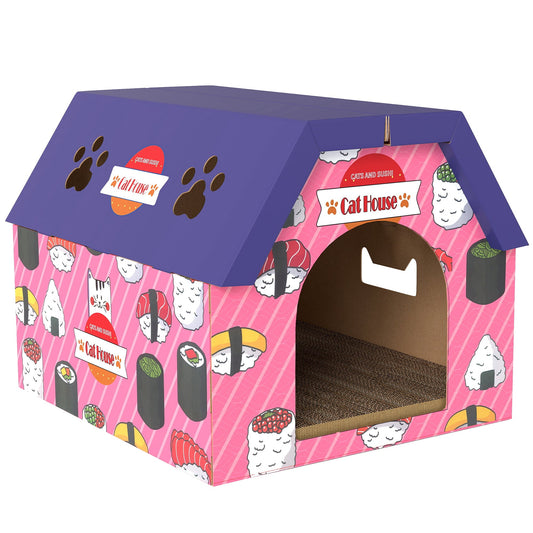 PawHut Cat Scratching Board, 2-in-1 Cardboard Cat House and Hideaway for Indoor Cats, Pink