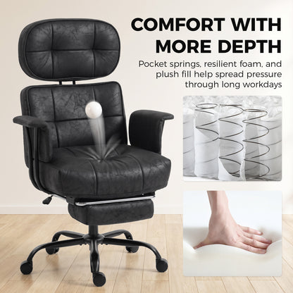 HOMCOM Office Chair, Big and Tall Desk Chair with Footrest, Wide Seat, Leathaire, Reclining Back, Swivel Wheels, Black