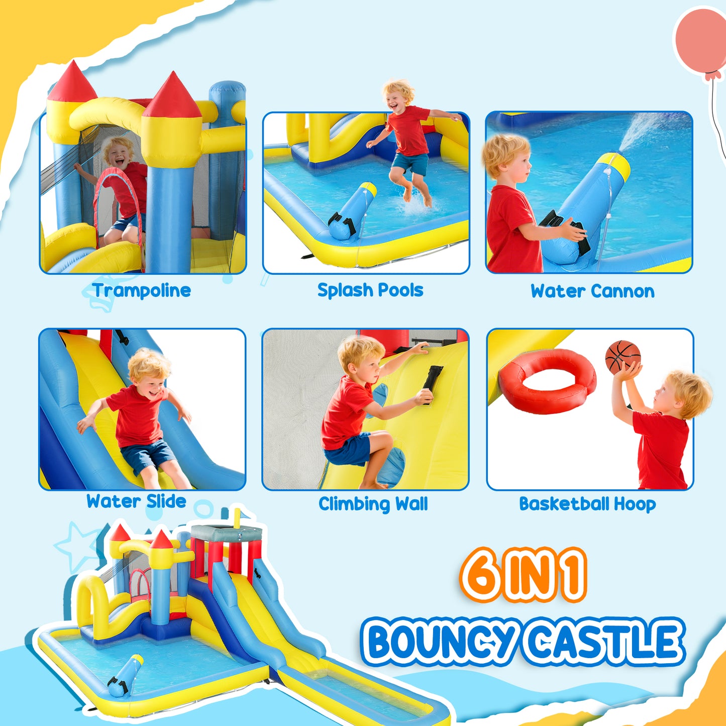 AIYAPLAY Inflatable Bouncy Castle, Kids Water Bounce House 6 in 1 with 550W Blower, 2 Slides for Garden, Party, Outdoor Indoor