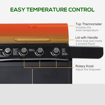 Outsunny 4+1 Burner Gas BBQ Grill, Outdoor Barbecue Trolley with Wheels, Warming Rack, Side Shelves, Cabinet, Thermometer for Garden, Party, Camping, 125 L x 51 W x 100 H cm, Black