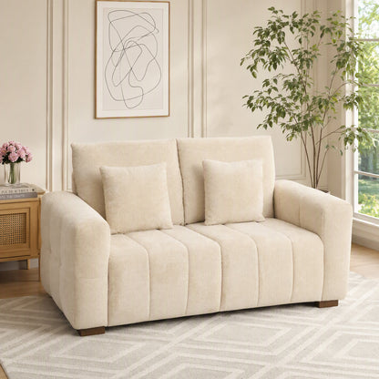 HOMCOM 2 Seater Sofa, Upholstered Velvet Small Couch for Bedroom with Pillows, Modern Sofa Settee with Padded Cushion and Wood Legs for Living Room, Cream White