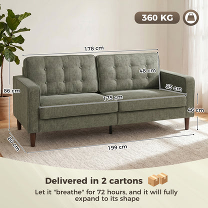 HOMCOM 3 Seater Sofa Button Tufted Upholstered Couch with Wood Legs for Living Room, Green