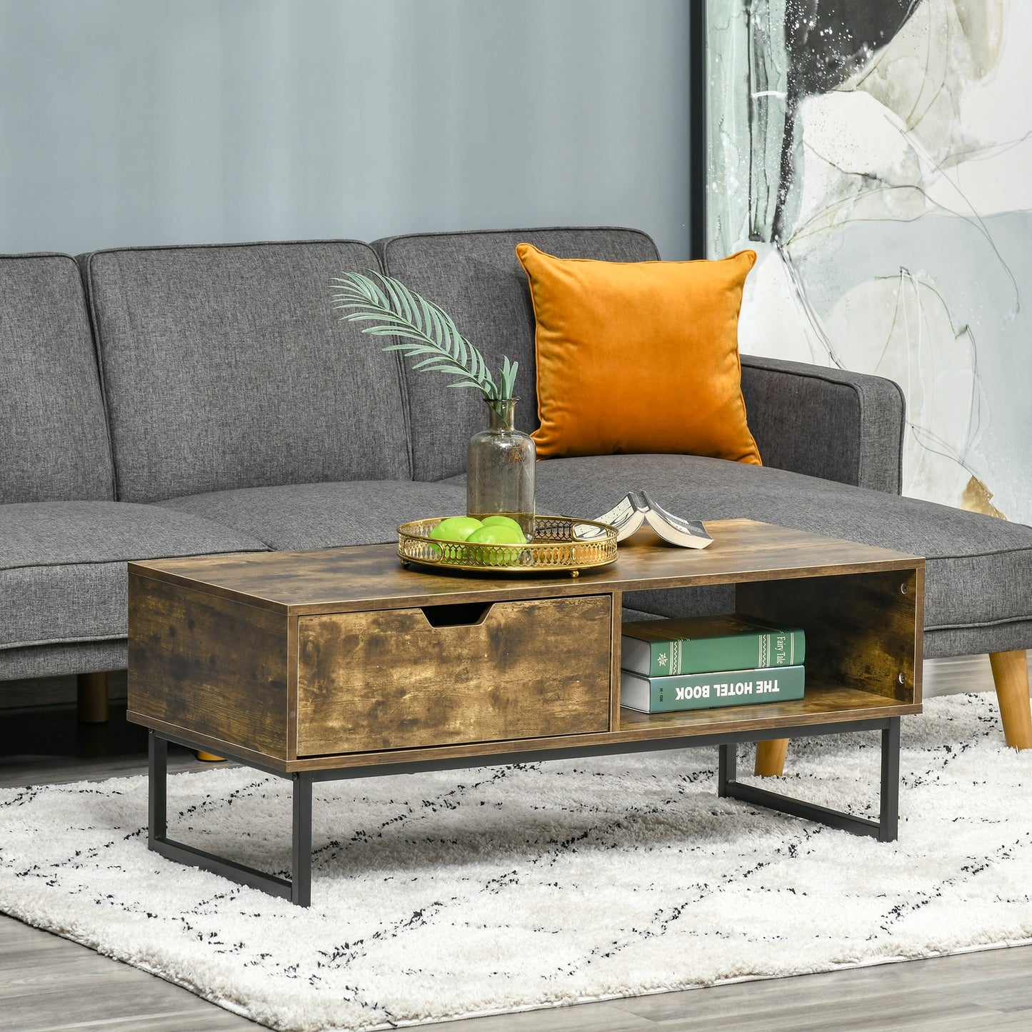 Industrial Coffee table Wooden End Table with Shortage Shelf and Drawer Modern Sofa Table Metal Frame, Rustic Brown 106W x 48D x 43H cm