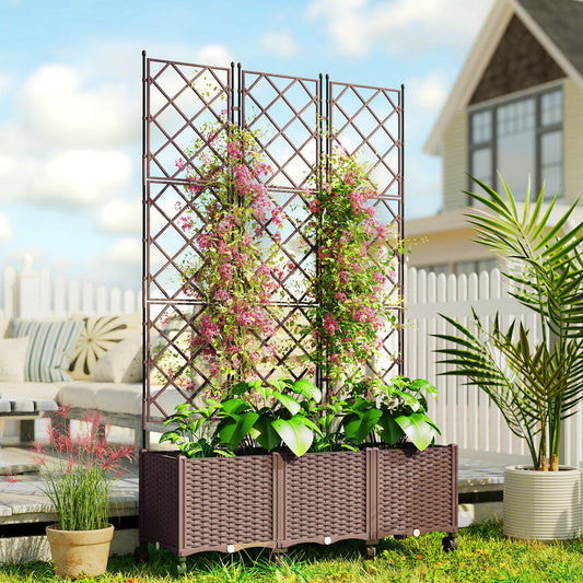 Outsunny Plastic Raised Planter with Trellis, Self Watering Raised Bed for Garden with Wheels, Drainage Holes and Plugs
