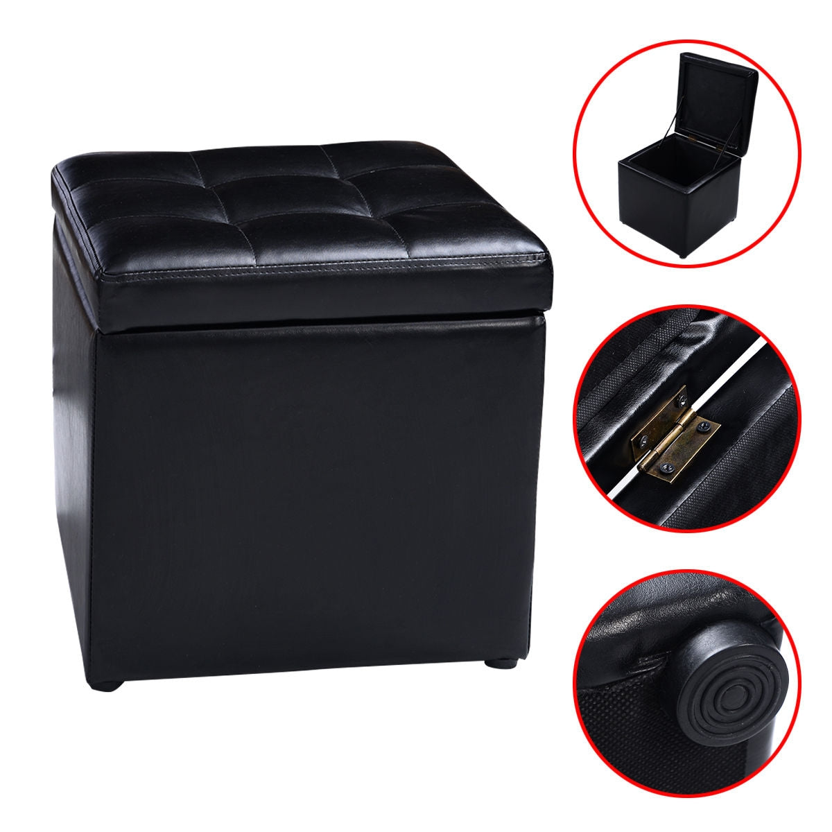 40cm PU Leather Cube Storage Ottoman with Lid-Black