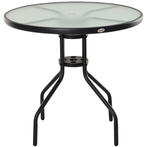 Outsunny 80 cm Round Garden Dining Table with Parasol Hole for 4, Outdoor Coffee Bistro End Side Table with Tempered Glass Top and Steel Frame for Patio, Porch, Black