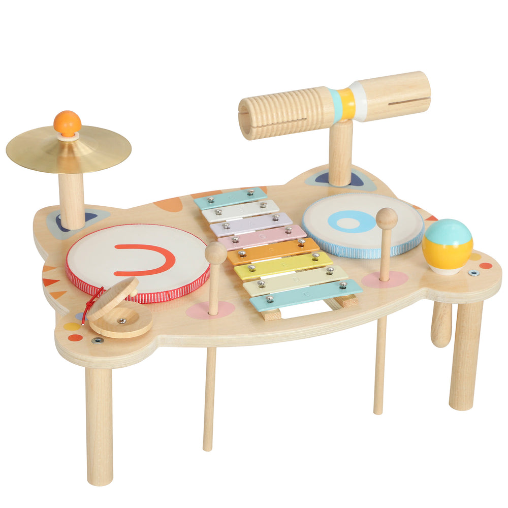 AIYAPLAY Kids Drum Kit, Wooden Musical Instruments with Xylophone, 2 Drums, Cymbal, Shaker, Wood Block, Gift for 18 M-6 Years