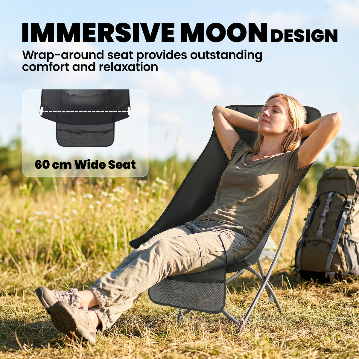 Outsunny Camping Chair for Adults Heavy Duty Folding Camp Chair with Side Pocket and Carry Bag Black