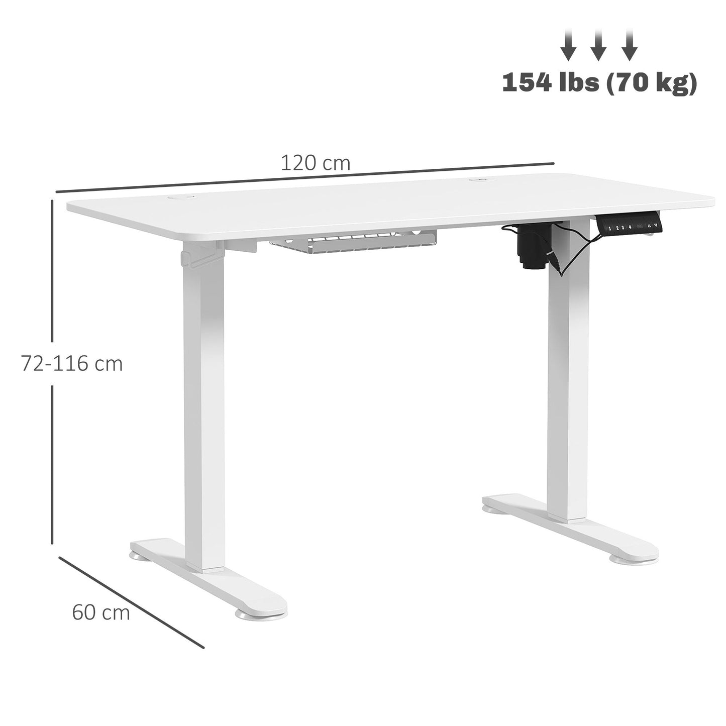 Vinsetto 72-116cm Adjustable Electric Standing Desk, 120 x 60cm Tabletop - White