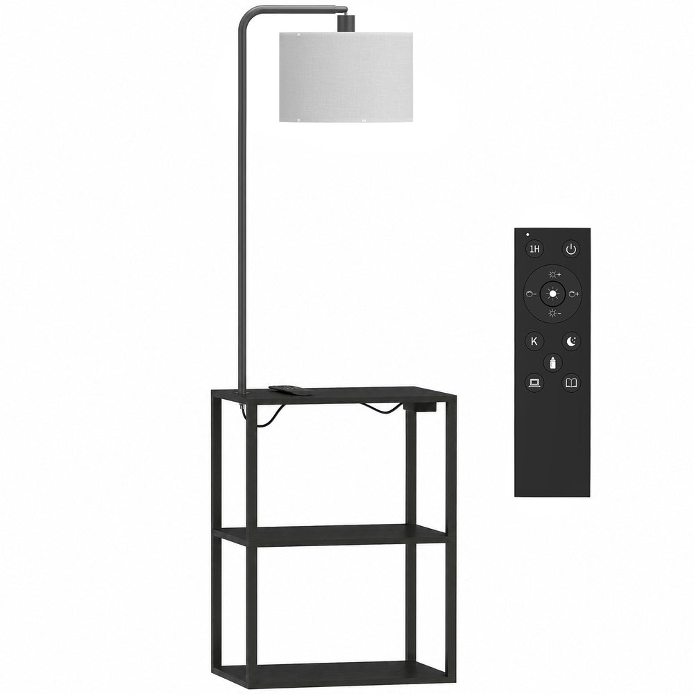 HOMCOM Dimmable Floor Lamp with Shelves, Charging Station, 3-Tier Storage Table, Adjustable Fabric Lampshade, Black