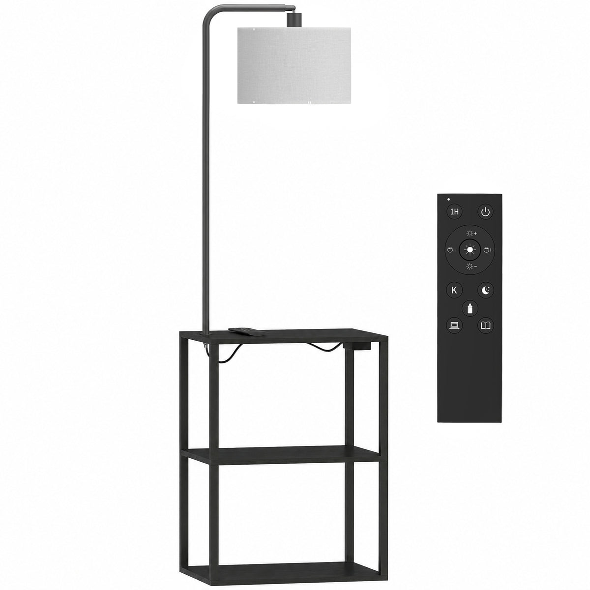 HOMCOM Dimmable Floor Lamp with Shelves, Charging Station, 3-Tier Storage Table, Adjustable Fabric Lampshade, Black