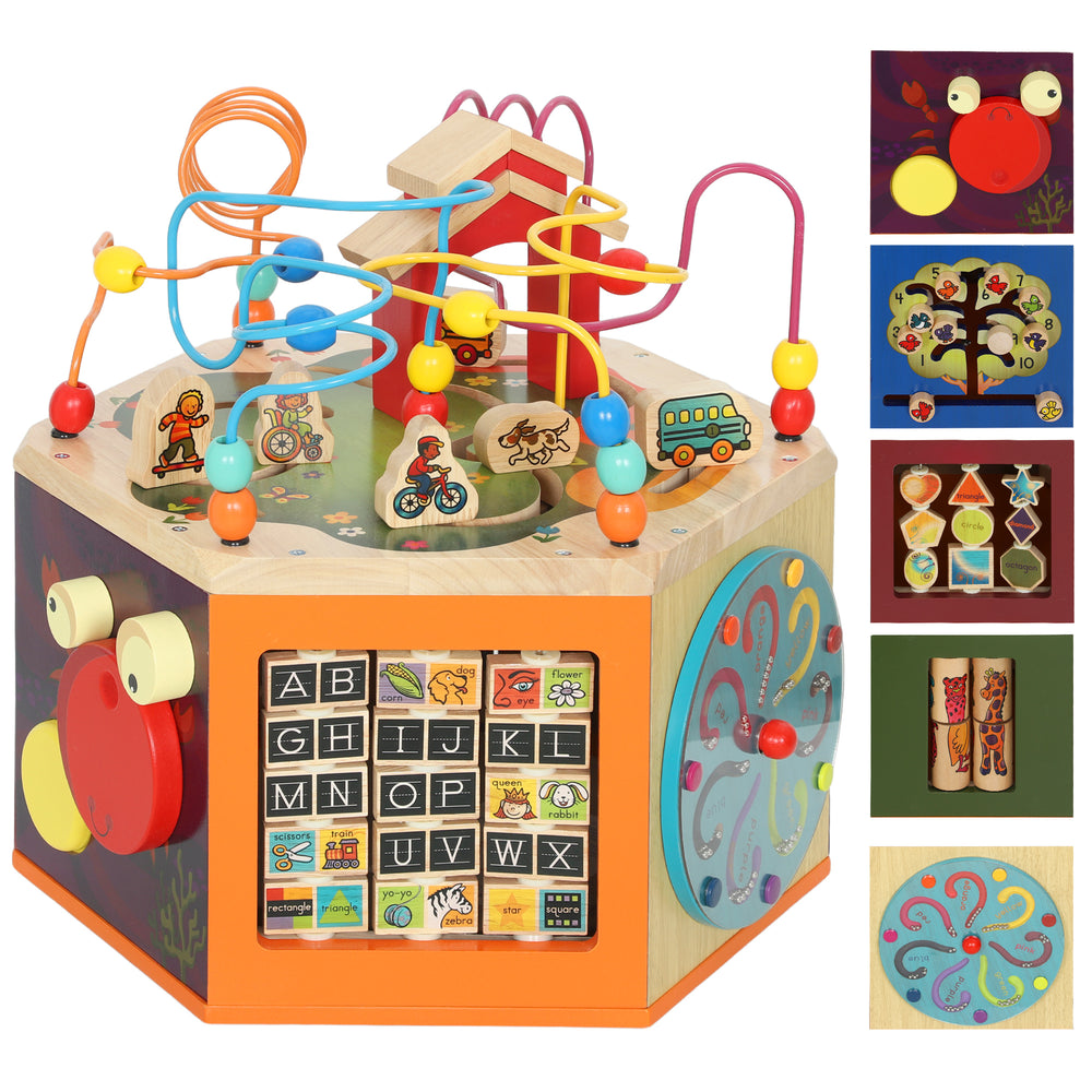AIYAPLAY 8 in 1 Wooden Activity Cube with Bead Maze, Shape Sorter, for Kids Boys Girls 18+ Months