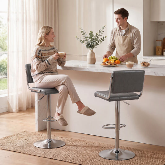 HOMCOM Bar Stools Modern PU Leather Adjustable Breakfast Bar Stools Backrest Set of 2 Grey