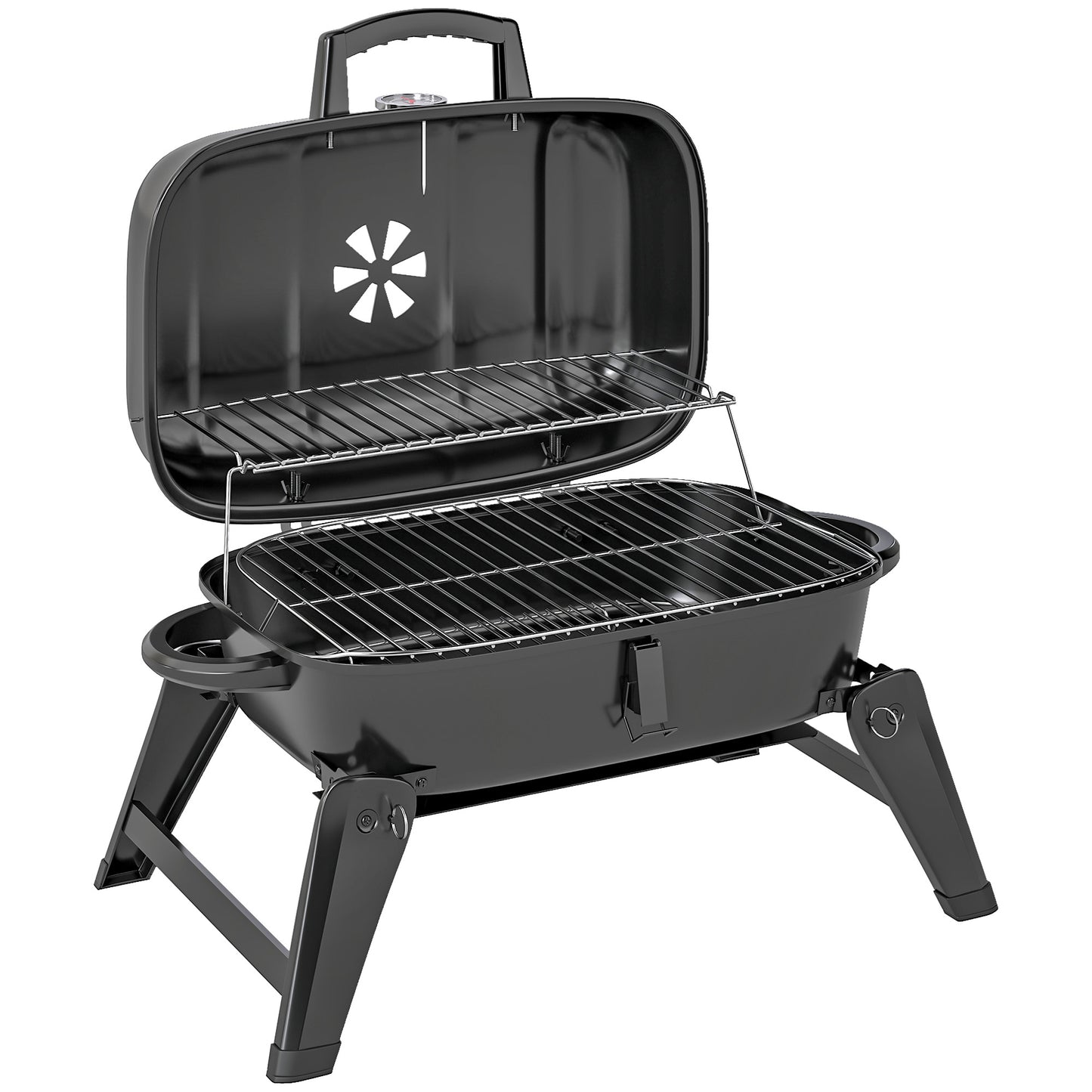 Outsunny Charcoal Barbecue Grill Folding BBQ Grill with 1232 cmÂ² Cooking Area, Adjustable Vent, Thermometer, Handles for Camping Picnic, Black