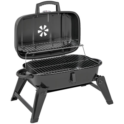 Outsunny Charcoal Barbecue Grill Folding BBQ Grill with 1232 cmÂ² Cooking Area, Adjustable Vent, Thermometer, Handles for Camping Picnic, Black