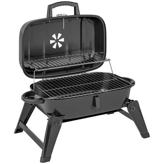 Outsunny Charcoal Barbecue Grill Folding BBQ Grill with 1232 cmÂ² Cooking Area, Adjustable Vent, Thermometer, Handles for Camping Picnic, Black