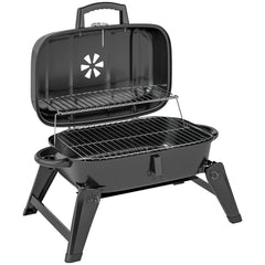 Outsunny Charcoal Barbecue Grill Folding BBQ Grill with 1232 cmÂ² Cooking Area, Adjustable Vent, Thermometer, Handles for Camping Picnic, Black