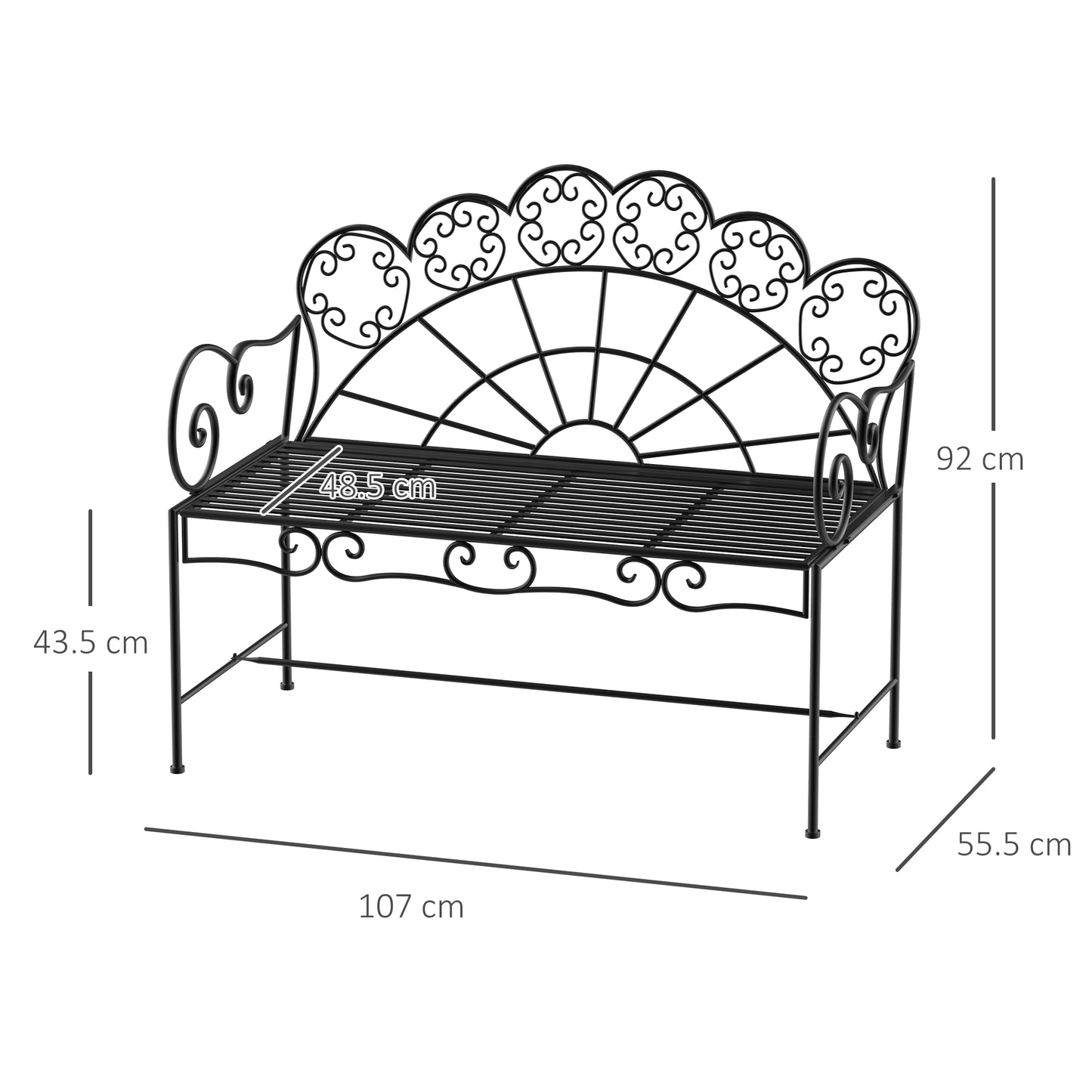 Outsunny Metal Garden Bench Loveseat with Slatted Seat, Black