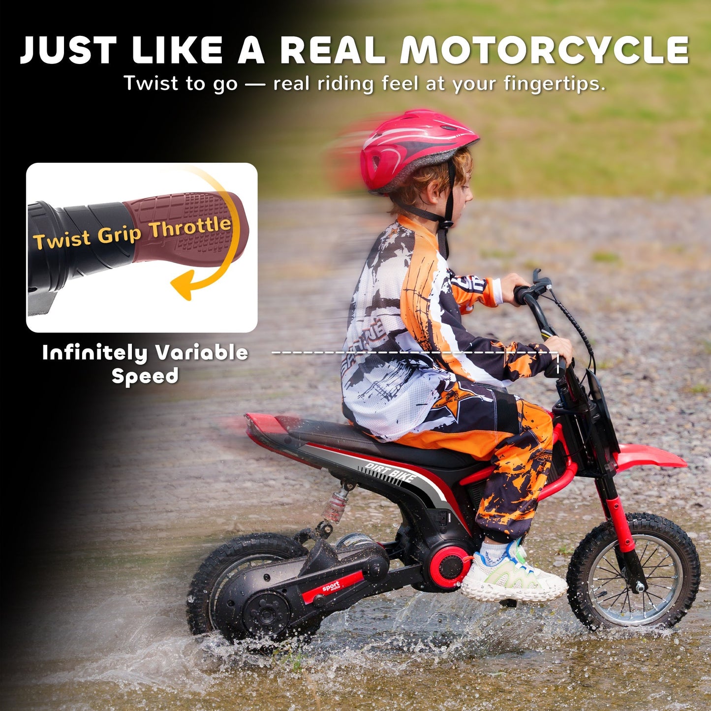 HOMCOM 24V Electric Motorbike with Twist Grip Throttle, Music, Horn, 12" Pneumatic Tyres, 16km/h Max Speed - Red