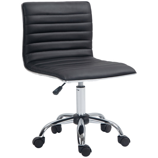 HOMCOM Armless Task Desk Chair, Swivel Office Chair with Faux Leather, Adjustable Seat Height, Chrome Base, Wheels for Home, Black