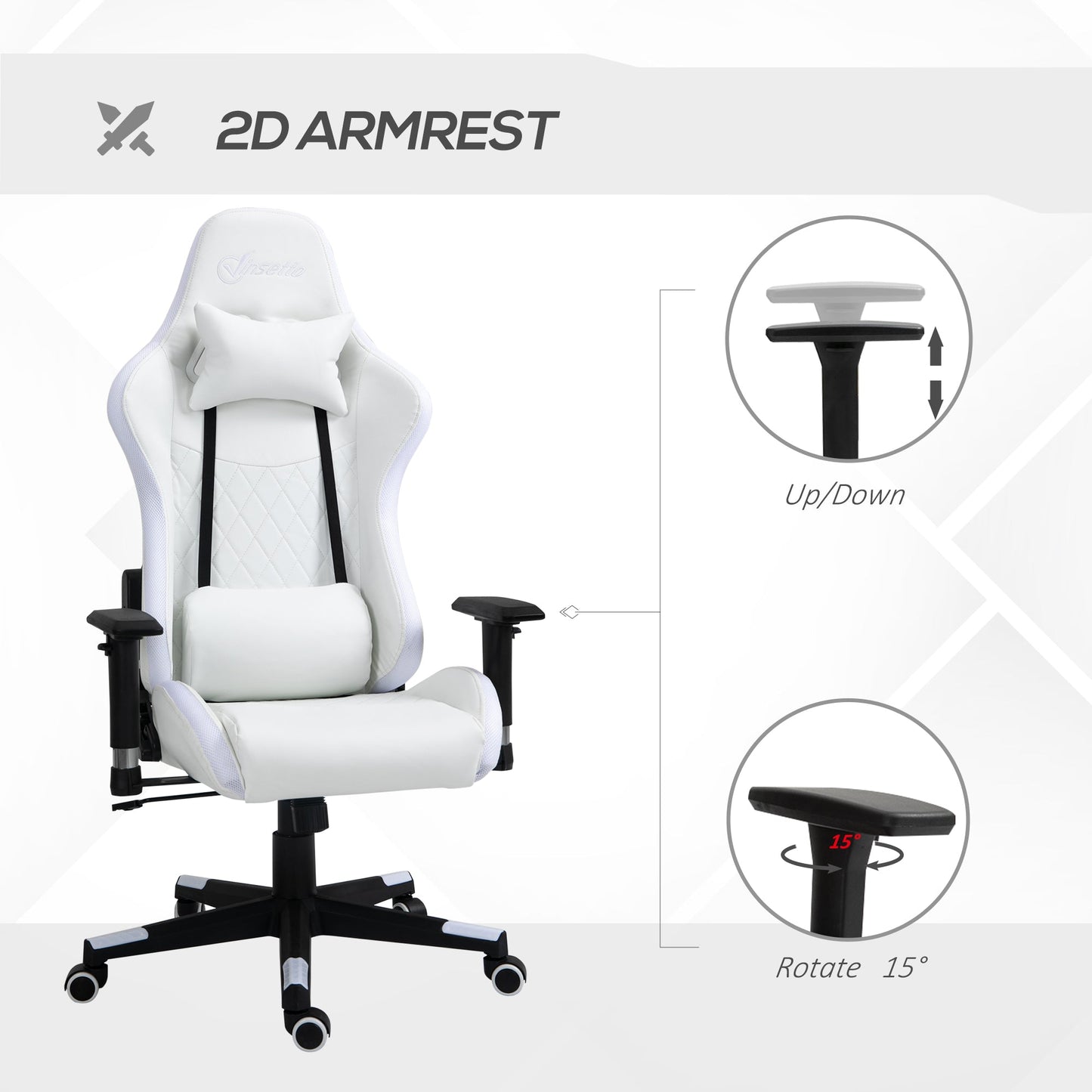 Vinsetto Gaming Chair with RGB LED Light, 2D Arm, Lumbar Support, Height Adjustable Swivel Office Computer Recliner, Racing Gamer Desk Chair for Home, White