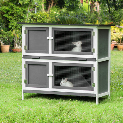 PawHut Double Decker Rabbit Hutch 2 Tier Guinea Pig House Pet Cage Outdoor with Sliding-out Tray Asphalt Roof Ramp, 100x47x91cm, Grey