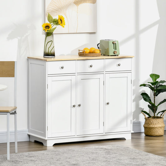HOMCOM Sideboard with Rubber Wood Top, Modern Storage Cabinet, Kitchen Cupboard with 3 Doors, 3 Drawers and 3 Adjustable Shelves for Dining Room, Living Room, White