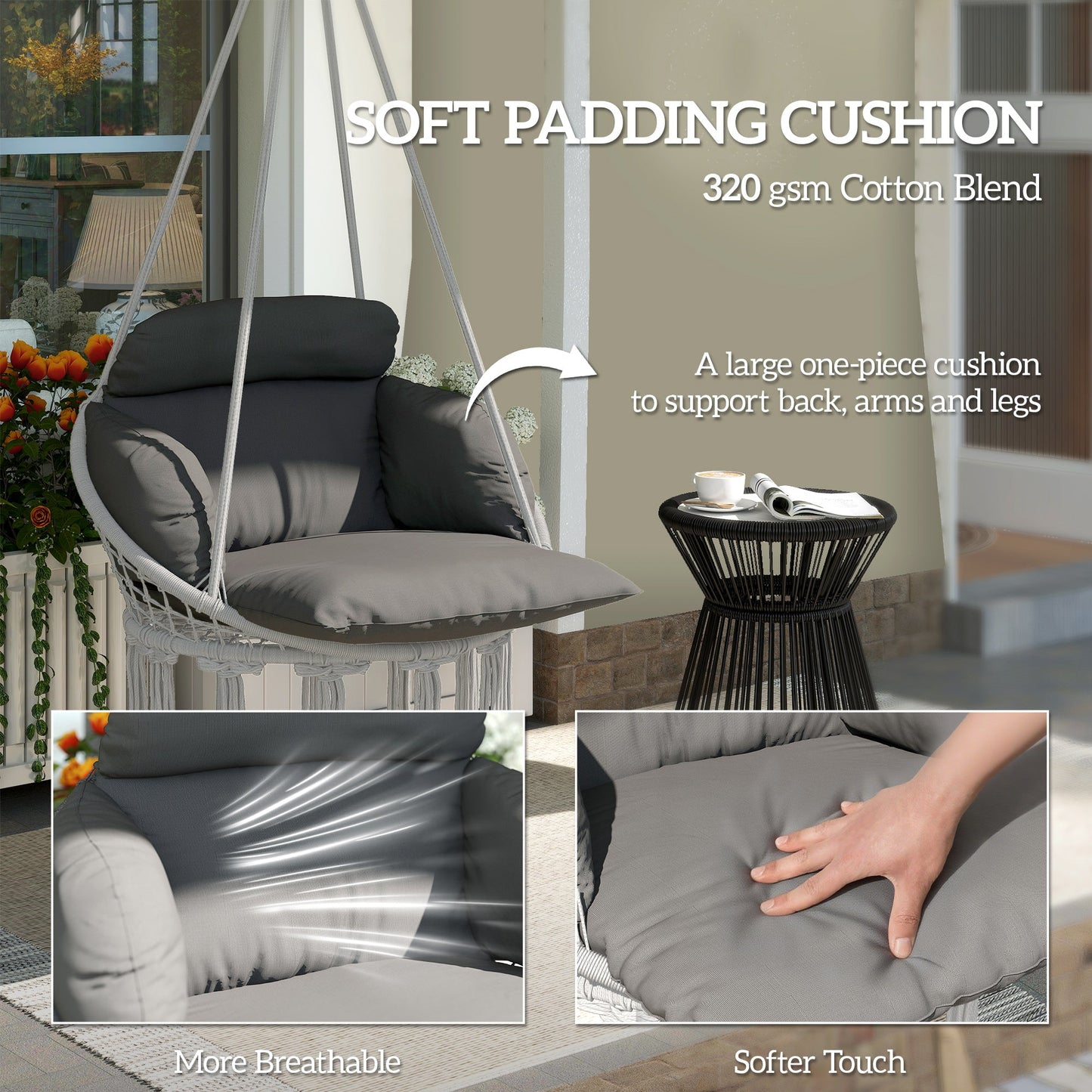 Outsunny Hanging Chair Outdoor Hammock Chair with Soft Cushion, Cotton Rope Boho Style Swing Chair, Hanging Garden Swing Seat for Indoor Outdoor, Dark Grey