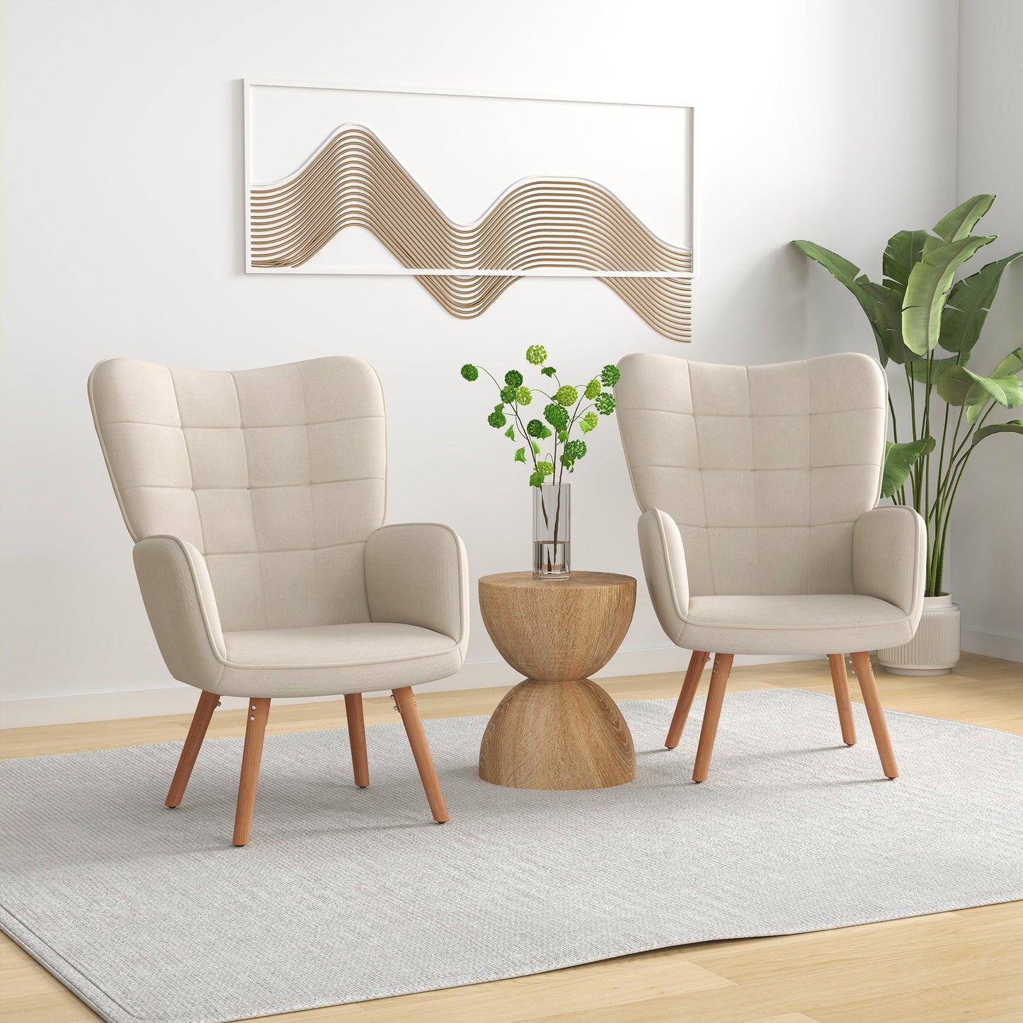 HOMCOM Modern Accent Chair Set of 2 Velvet-Touch Tufted Wingback Armchair Upholstered Leisure Lounge Sofa Club Chair with Wood Legs, Cream White