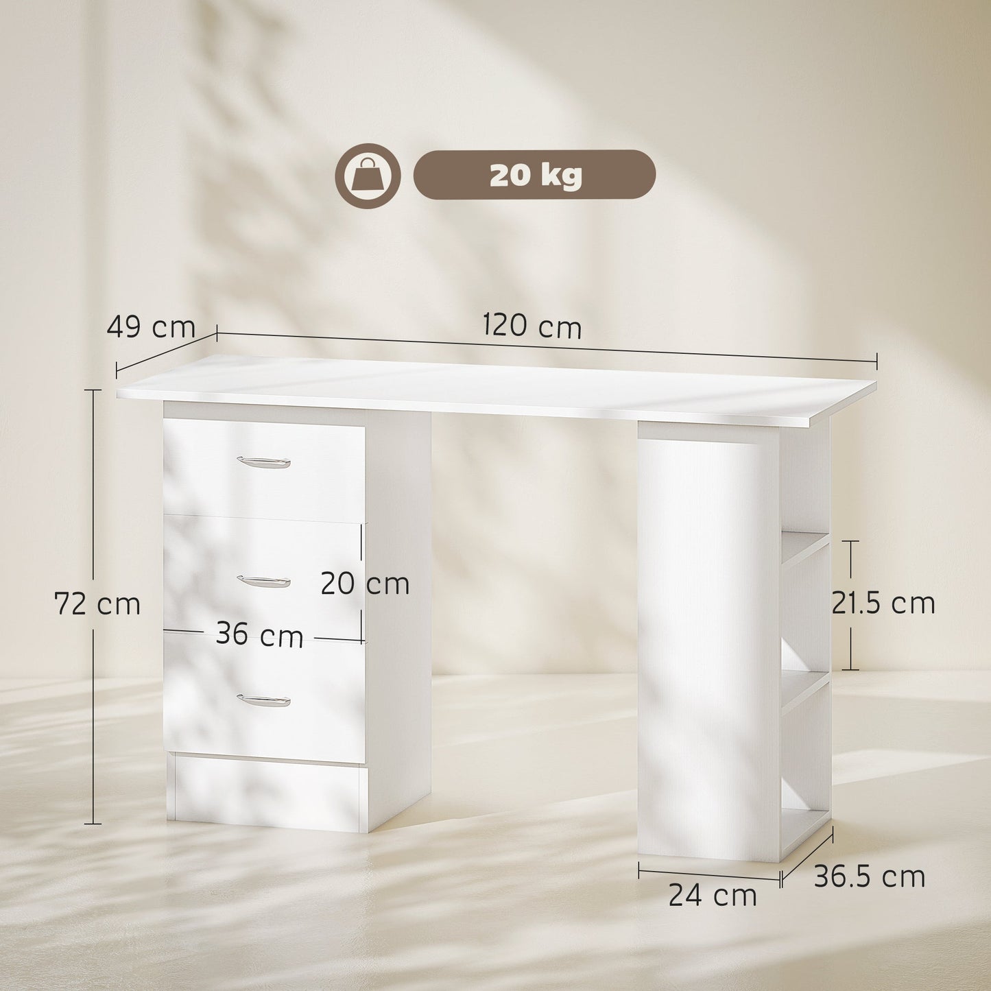 HOMCOM Computer Desk, Writing Table, PC Workstation with 3 Storage Shelves and Drawers, Silver Handle, for Home Office, White