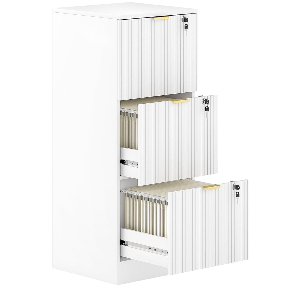 HOMCOM Filing Cabinet, Fluted Vertical File Cabinet with 3 Lockable Drawers and Hanging Rails, White